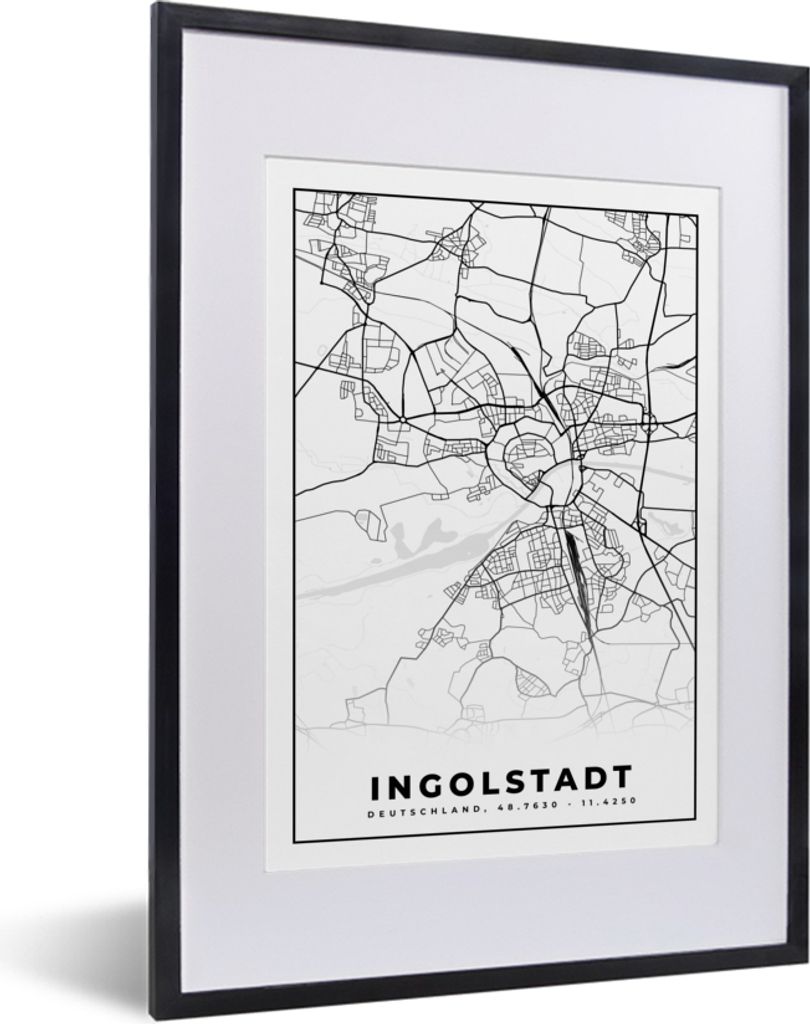 MuchoWow Gerahmtes Poster Ingolstadt - Karte - Stadtplan 30x40 cm - Poster mit Schwarzem Bilderrahmen Wandposter Rahmen Foto Bilder - Wandposter ...