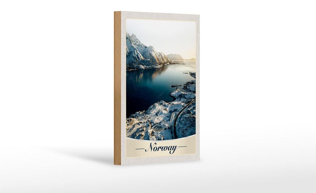 Holzschild Reise 12x18 cm Norwegen Winterzeit Schnee Meer Urlaub