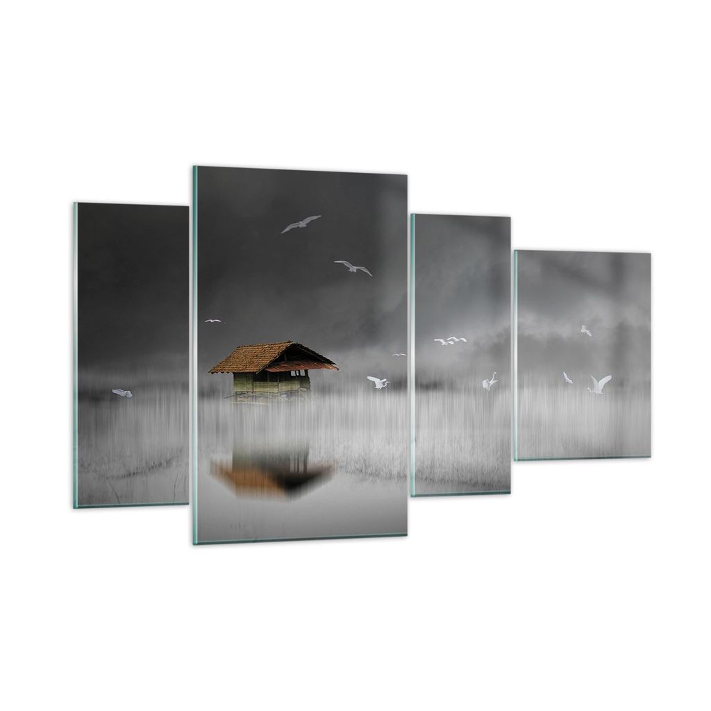 Bilder auf glas - 4 Teile - Hütte Nebel Sumpf - 120x70cm - Glasbilder - Wandbilder - Bilder - zum Aufhängen bereit - Wanddekoration aus Glas - Gl...