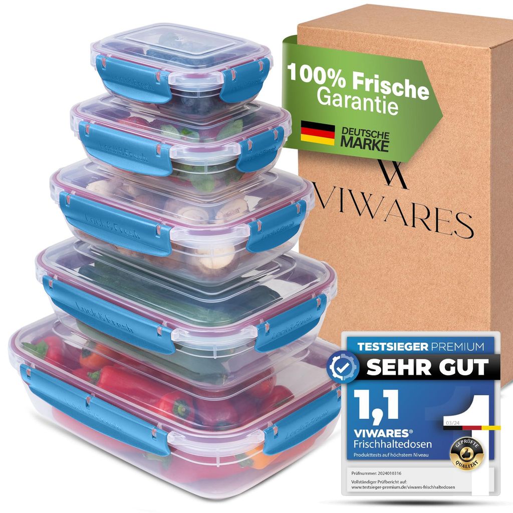 Viwares Frischhaltedosen Set - 5 Aufbewahrungsboxen Mit Deckel für Küche und Lebensmittel - Praktisches Mikrowellengeschirr - Meal Prep Boxen
