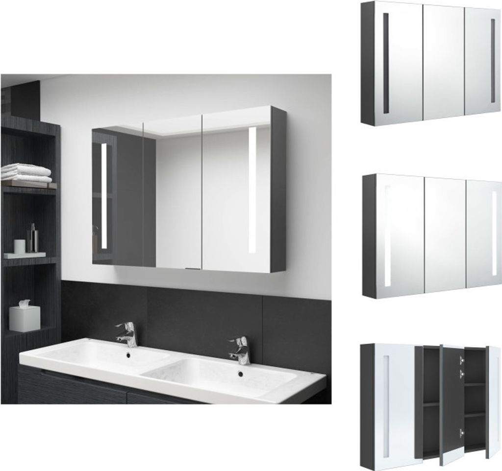 vidaXL LED-Spiegelschrank fürs Bad 89x14x62 cm Grau - Badezimmerwaschtische