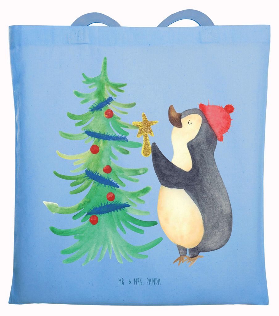 Mr. & Mrs. Panda Tote Bag Pinguin Weihnachtsbaum - Sky Blue - Geschenk, Tasche, Weihnachten, Tragetasche, Shopping, Laptoptasche, Jutebeutel, Winter