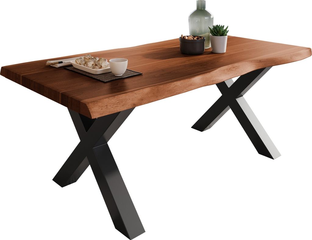 Esstisch Baumkante massiv Akazie Nuss 180 x 90 X-Gestell schwarz ATLAS