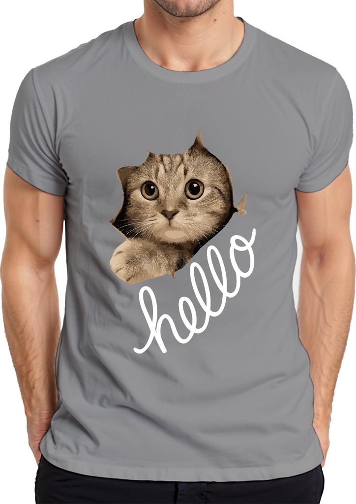 Katzengesicht Kätzchen hello schaut durch Papier niedlich Fan Herren T-Shirt, Grau, XL