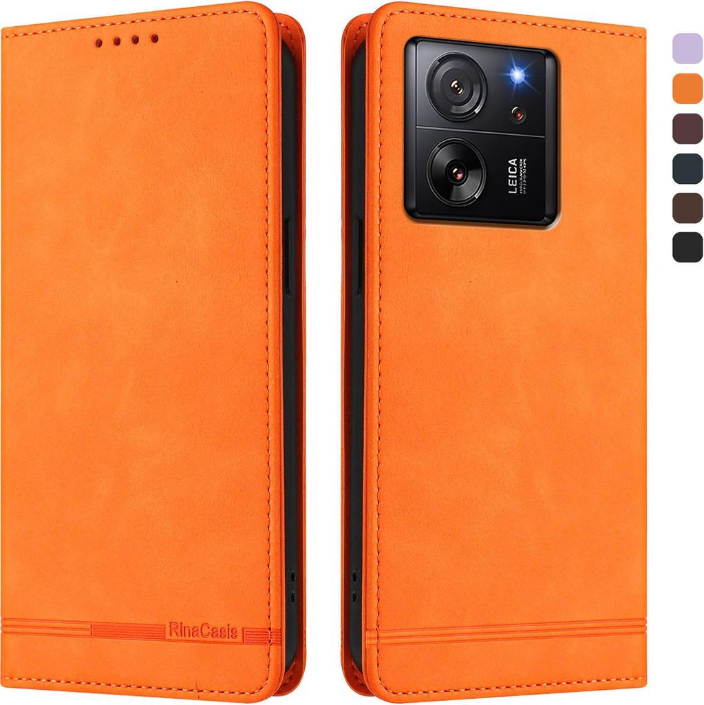Hülle für Xiaomi 13T /Xiaomi 13T Pro, Retro Kunstleder Ständer Klapphülle mit Kartenfächer und Magnetische Orange