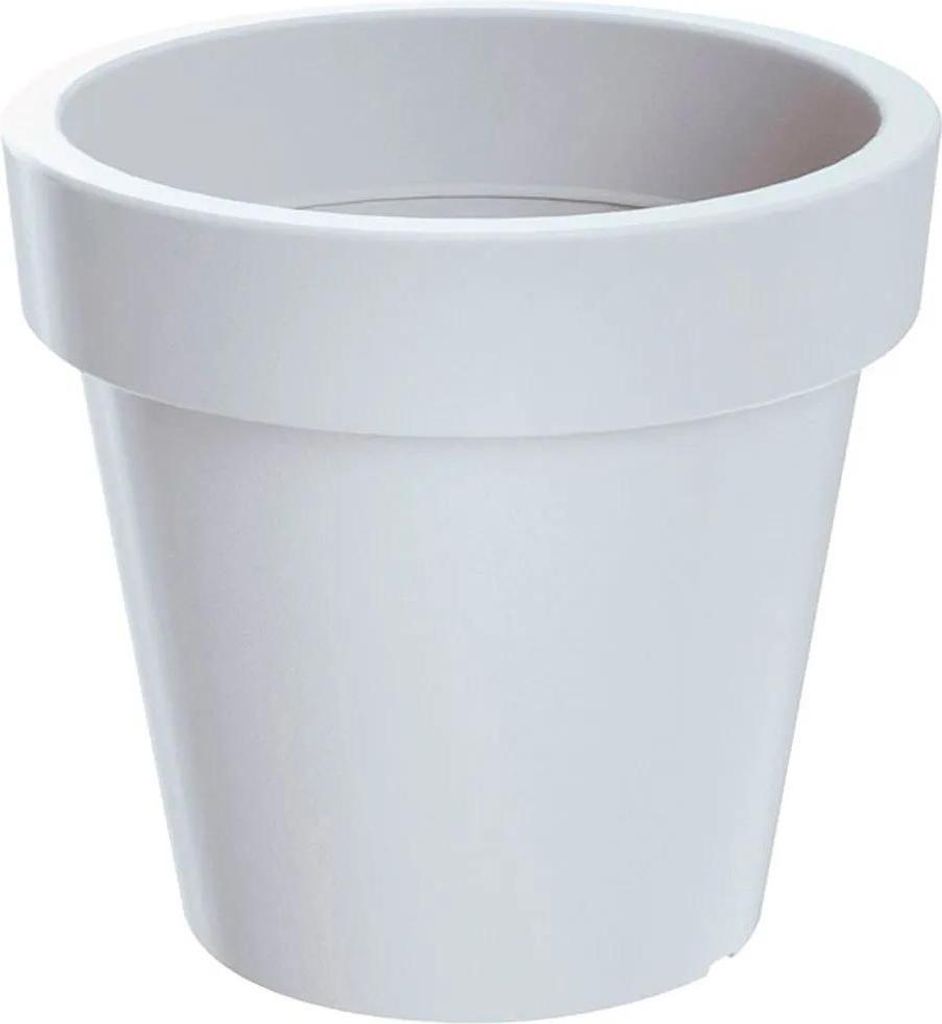 A white, round planter pot is shown against a white background.
