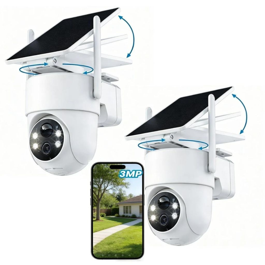 2 Stück 2K Überwachungskamera aussen solar WLAN Kamera Outdoor Solar-Kamera mit Solarpanel, 360 ° PTZ Farb-Nachtsicht 2-Wege-Audio PIR Bewegungs...