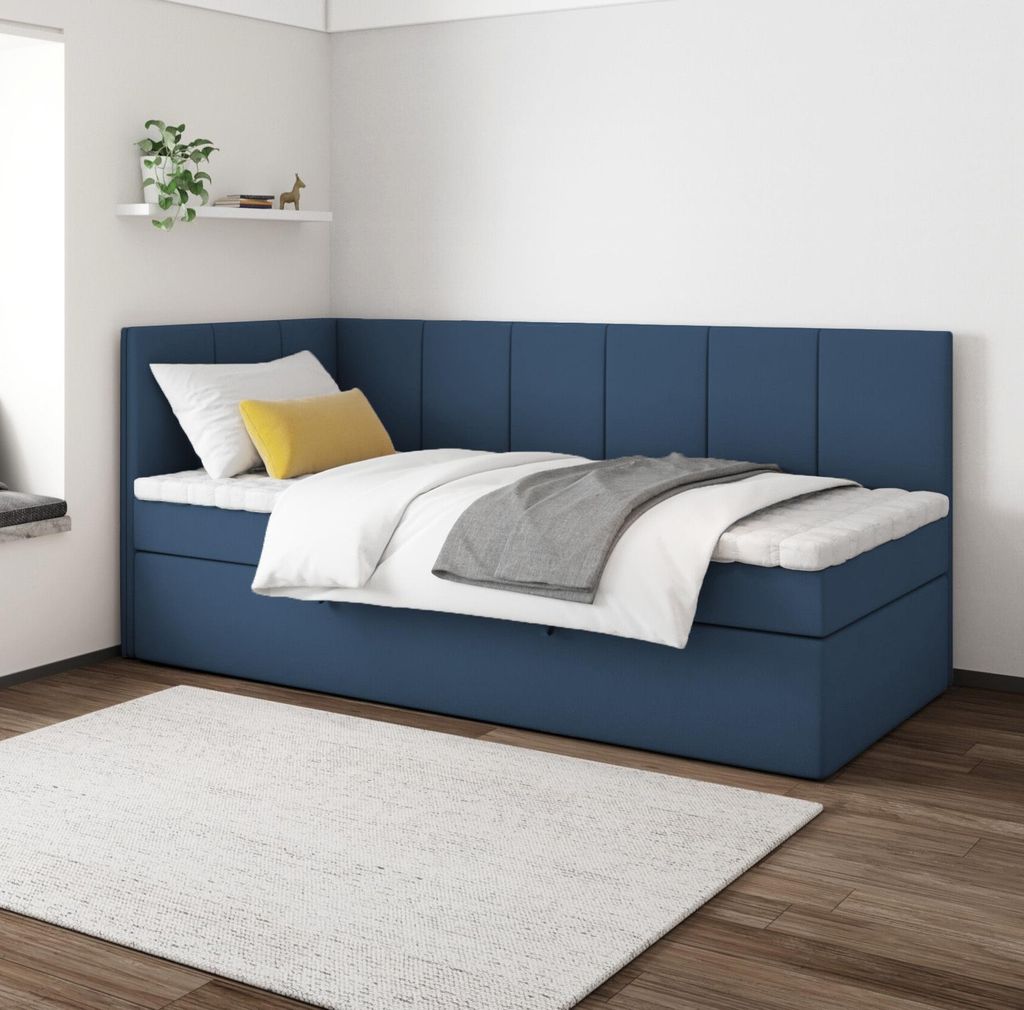 Boxspringbett POLA 90x200 cm, T25 Topper, Kinderbett, Jugendbett, Einzelbetten, Bett, Stauraum Polsterbett, Matratze H3, LINKS (Dunkelblau- Itaka 11)