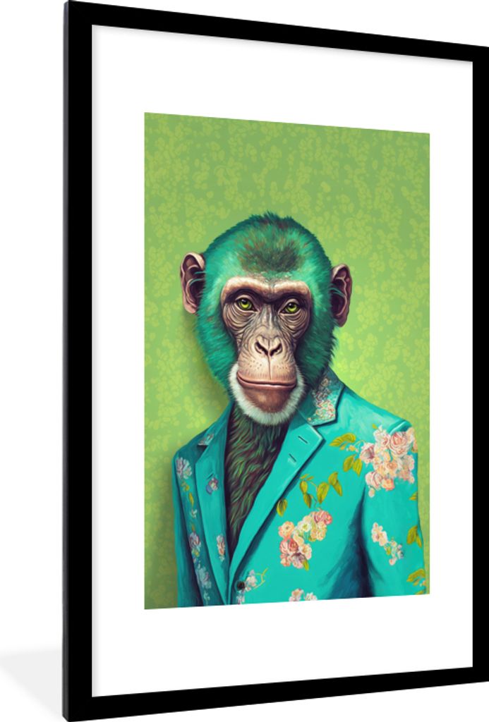 MuchoWow Gerahmtes Poster Affe - Colbert - Blumen - Neon - Porträt 60x90 cm - Poster mit Schwarzem Bilderrahmen Wandposter Rahmen Foto Bilder - ...