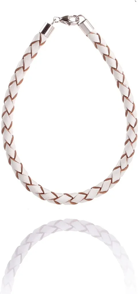 Bracciale Pelle Intrecciata Bianca e Argento 925 Unisex - 19cm Online