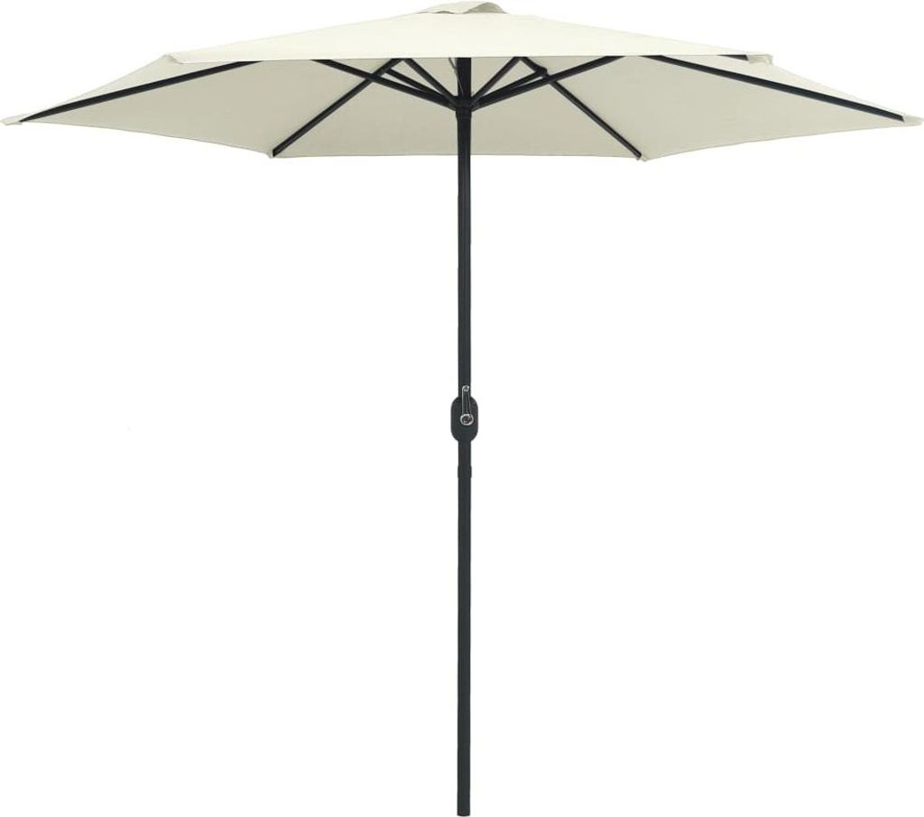 A cream-colored patio umbrella with a black pole is shown against a white background.