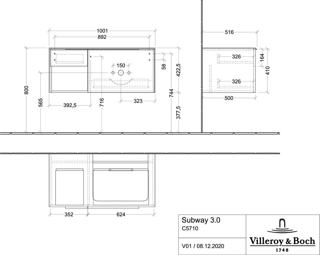 Villeroy & Boch Subway 3.0 Waschbeckenunterschrank, 2 Auszüge, Waschbecken rechts, Regalelement unten links, 1001x422,5x516mm, C57100VL