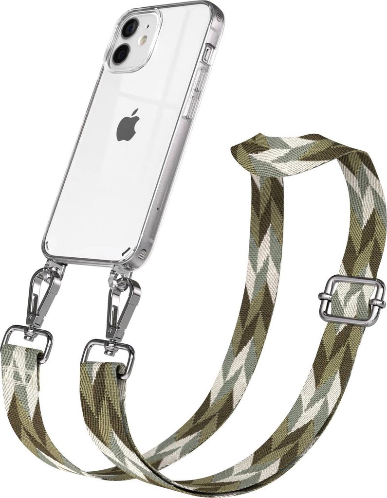 EAZY CASE Handykette - Verstellbarer Trageriemen kompatibel mit Apple iPhone 12 Mini, Handykordel mit transparenter Silikon-Hülle, Karabiner Silbe...