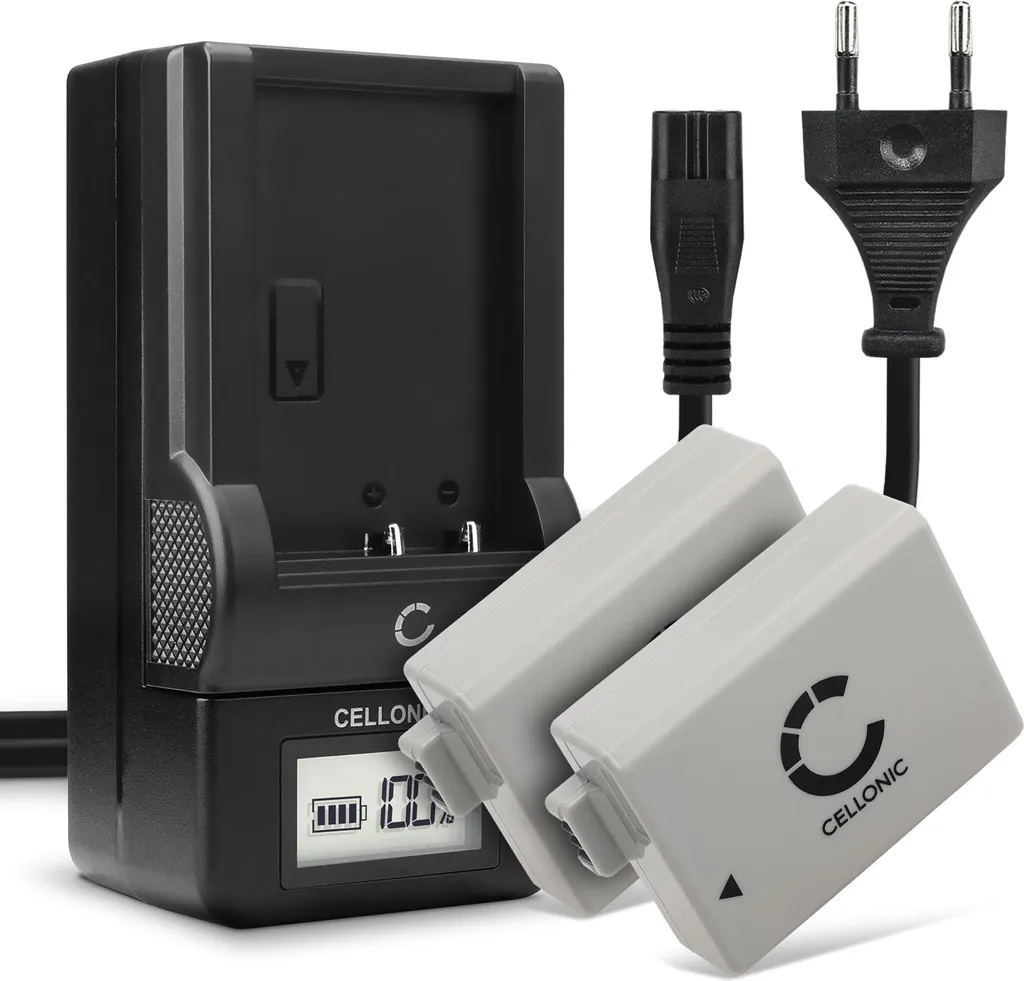 CELLONIC, Batteria per Fotocamera compatibile con Canon EOS 1000D, 500D, 450D, LP-E5, LC-E5 (7.4V, 1020mAh) 2 Pezzi + Caricabatterie