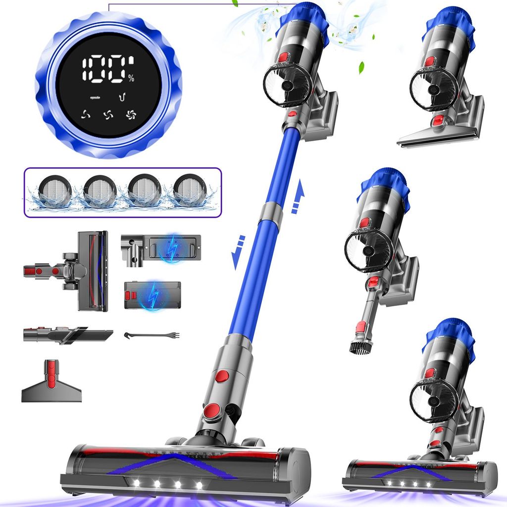 A collage of images showcasing a cordless vacuum cleaner and its accessories, with a digital display showing battery percentage.