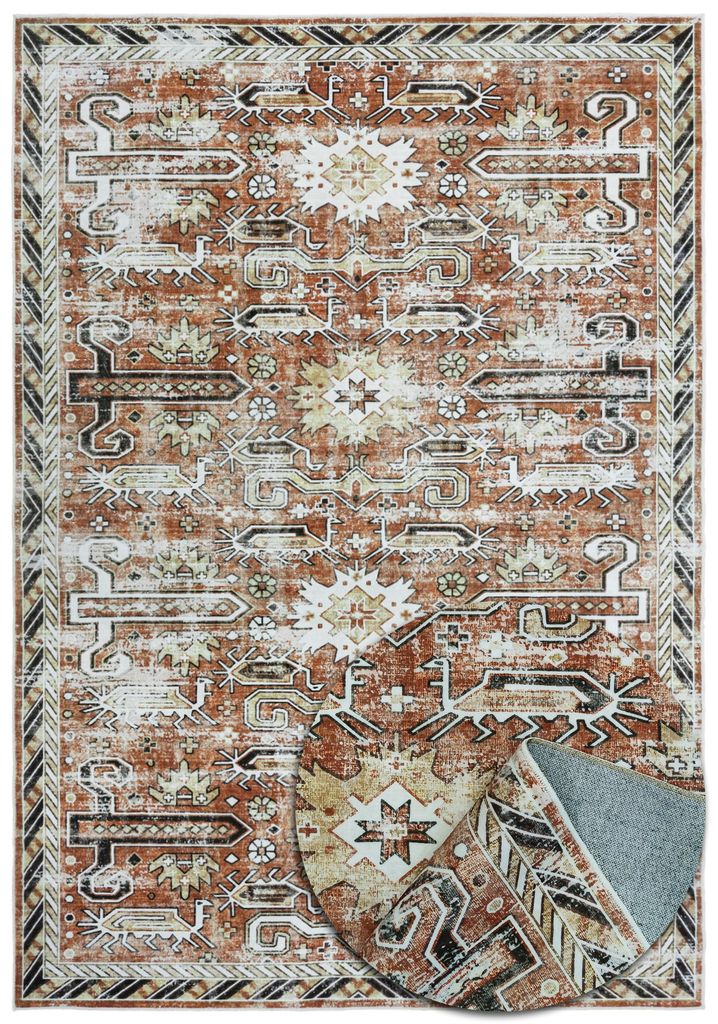 Vintage Oriental Teppich - Weich - Maschinenwaschbar - Rutschfest - Premium Polyester Fasern - Terrakotta - 120cm x 160cm