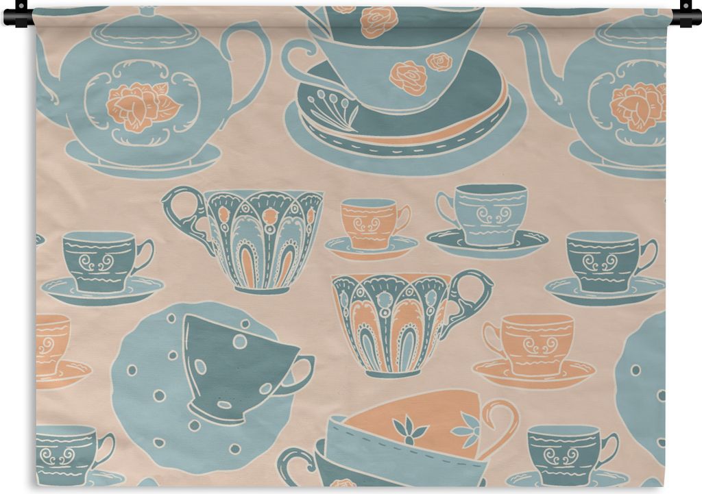 MuchoWow Wandteppich Wandbehang Muster - Vintage - Tasse - Tee 90x67.5 cm Tapisserie Dekoration Wandtuch - Fototeppich - Wand-Skulpturen