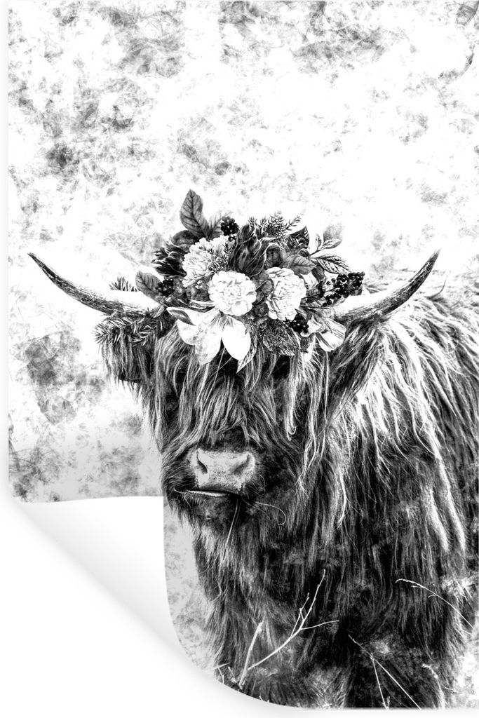 MuchoWow Wandtattoo Wandsticker Wandaufkleber Schottischer Highlander mit einer Blumenkrone - schwarz und weiß 60x90 cm Selbstklebend und Reposi...