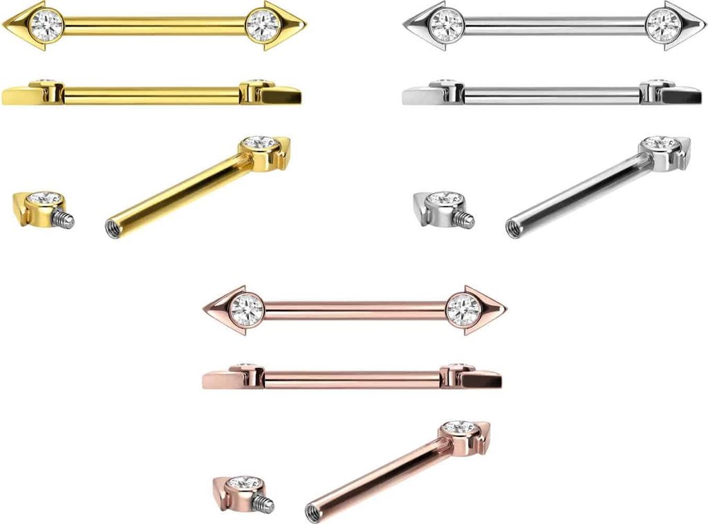 Brustwarzenpiercing, Zungenpiercing, Intim-Piercing Titan Nippelpiercing mit Innengewinde PFEILSPITZE + KRISTALL
