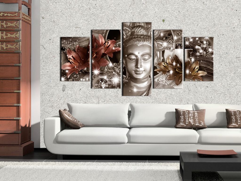 Akustikbild Buddha Blumen 200x100 cm Bilder Akustikschaum Hochleistungsschallabsorber Schallschutz Leinwand 5 tlg Wandbild Raumakustik Schalldämmu...