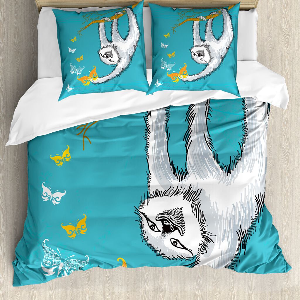 ABAKUHAUS Faultier Bettbezug, Flüchtiger Sloth Schmetterlinge, Milbensicher Allergiker geeignet mit Kissenbezügen, 200 cm x 200 cm - 80 x 80 cm, ...