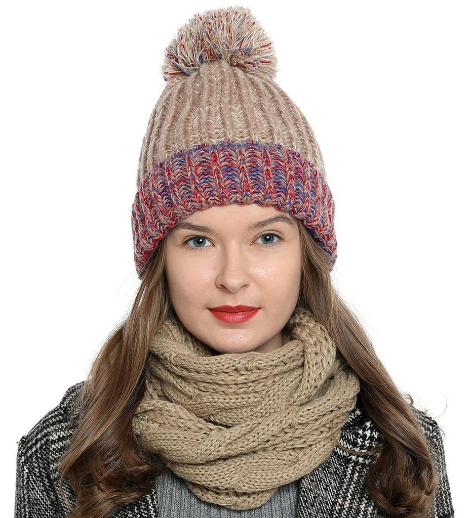 DonDon Damen Wintermütze Strickmütze gefüttert warm und weich mit Bommel - braun-rot-blau