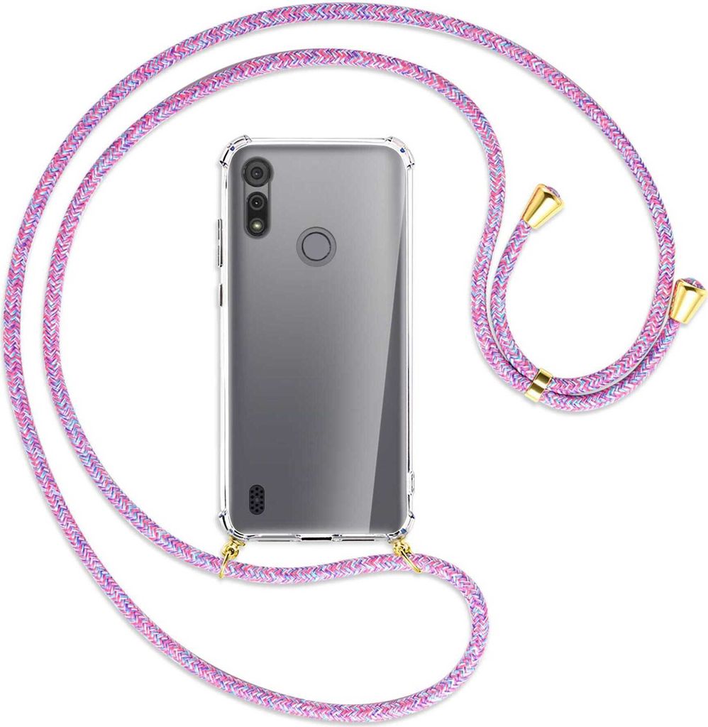 Handykette Backcover-Schutzhülle mit Band (Metall goldfarben) für Motorola Moto E6s - lila/rosa/blau
