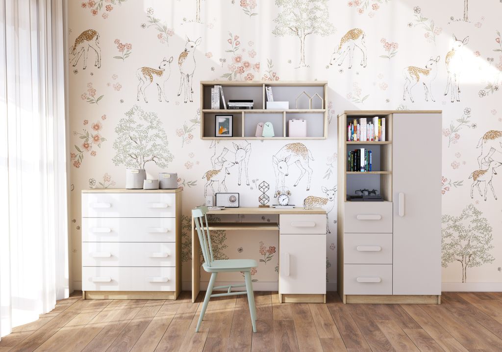 Kinderzimmer-Set Regal Wandregal Kommode Schreibtisch Sonoma/Weiß mit weißen Griffen Jonas I 05