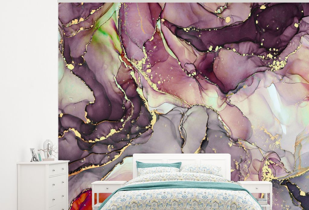 MuchoWow Fototapete für Wohnzimmer oder Schlafzimmer Wandtapete Vinyl Motivtapete Marmor - Rot - Lila - Gold - 300x240 cm - Fototapeten