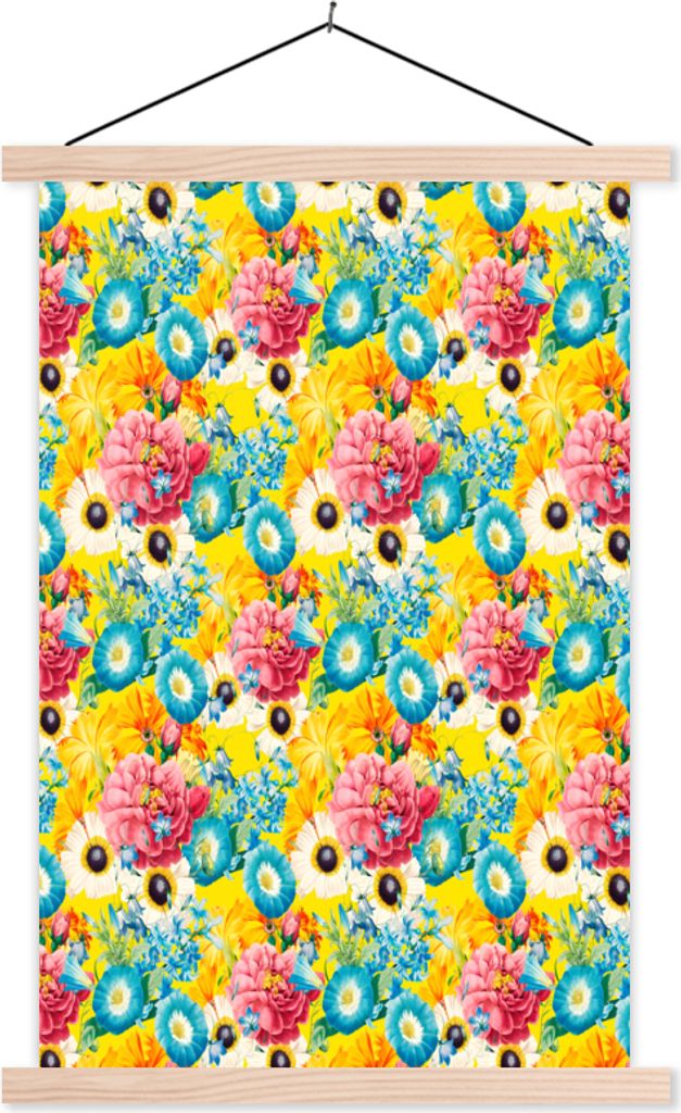 MuchoWow Textilposter Blumen - Collage - Farben 60x90 cm mit holzfarbenen Rahmen - Textil