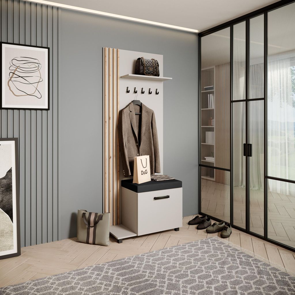 Garderobenschrank LIVIA - Hochschrank mit Aufhängern, Schuhschrank, Kaschmir, Lamellen in Eiche Artisan, Sitzkissen in Schwarz, Links