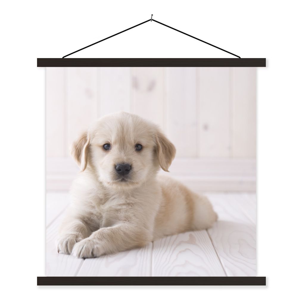 MuchoWow Textilposter Weißer Golden Retriever Welpe 60x60 cm mit schwarzem Rahmen - Posteraufhänger