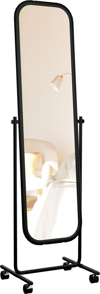 A full-length mirror on a stand with wheels.
