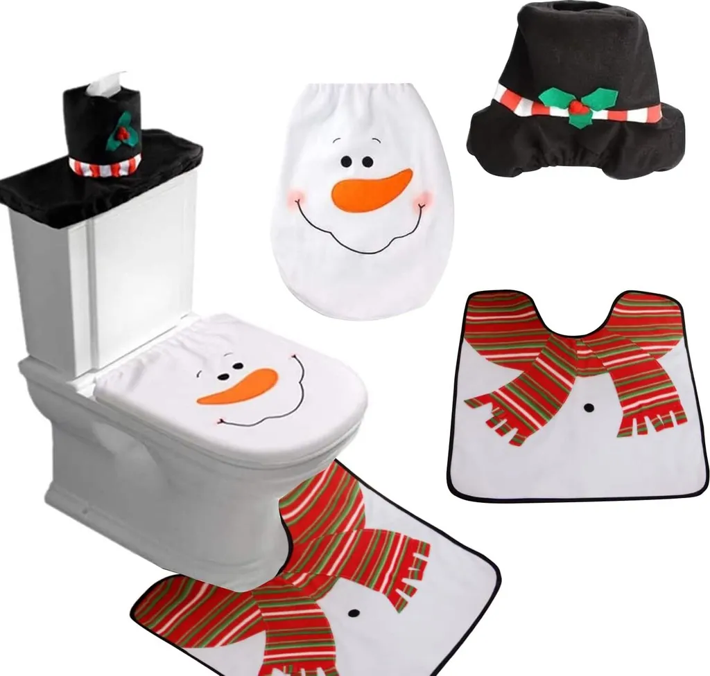 set 3 pezzi per sedile WC con motivo elfo natalizio e tappetino, set da bagno, festivo, Father Christmas, Babbo Natale, pupazzo di neve