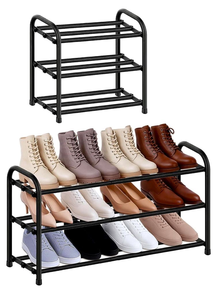 Schuhregal Schmal Platzsparend Ausziehbar 3 Ebenen, Schuhschrank Metall Schwarz, Breite 43-78 cm, für Kleiderschränke, Enge Räume, Flure, Eingan...