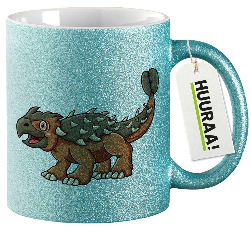 Huuraa Glitzertasse Ankylosaurus Dinosaurier 330ml Blau Keramik Kaffeebecher Geschenkidee