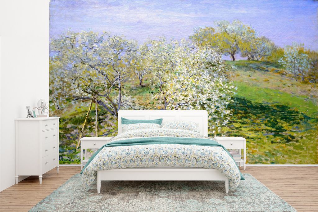 MuchoWow Fototapete für Wohnzimmer oder Schlafzimmer Wandtapete Vinyl Motivtapete Blühende Apfelbäume - Gemälde von Claude Monet - 400x240 cm...