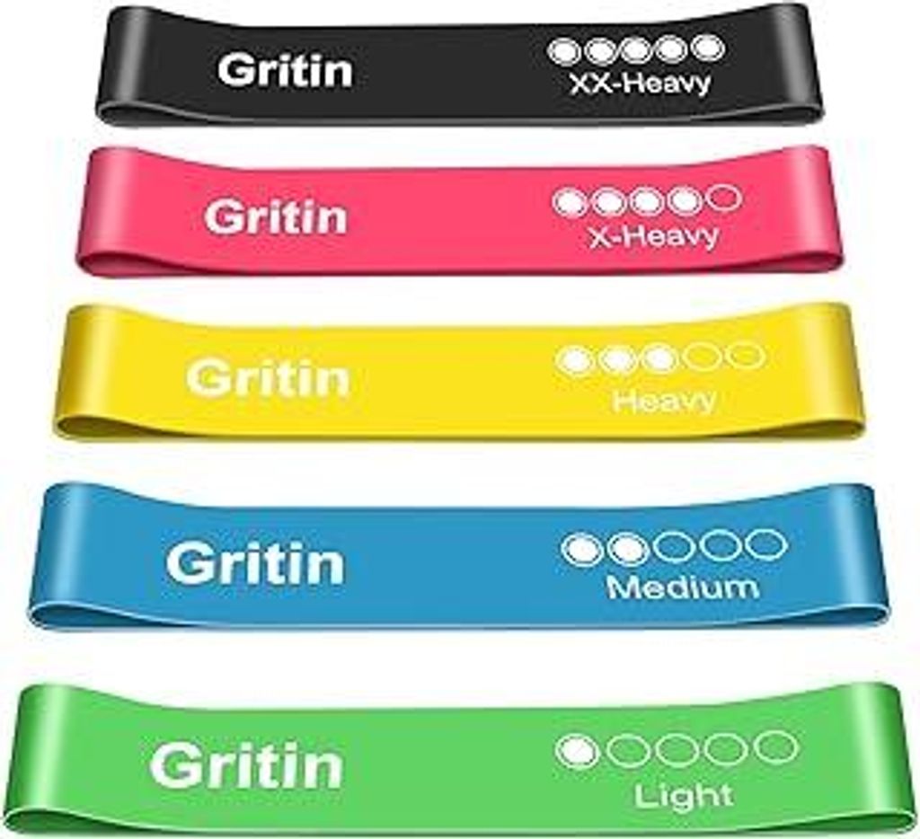 Gritin Fitnessbänder Widerstandsbänder mit 5 Stufen, Latex Fitnessband Resistance mit Deutscher Übungsanleitung & Tragebeutel, Gymnastikband fü...