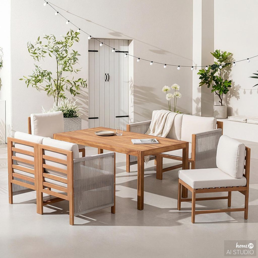 home24 Dining-Loungeset - 7-teilig - Akazie Massiv / Polyester - Braun / Beige