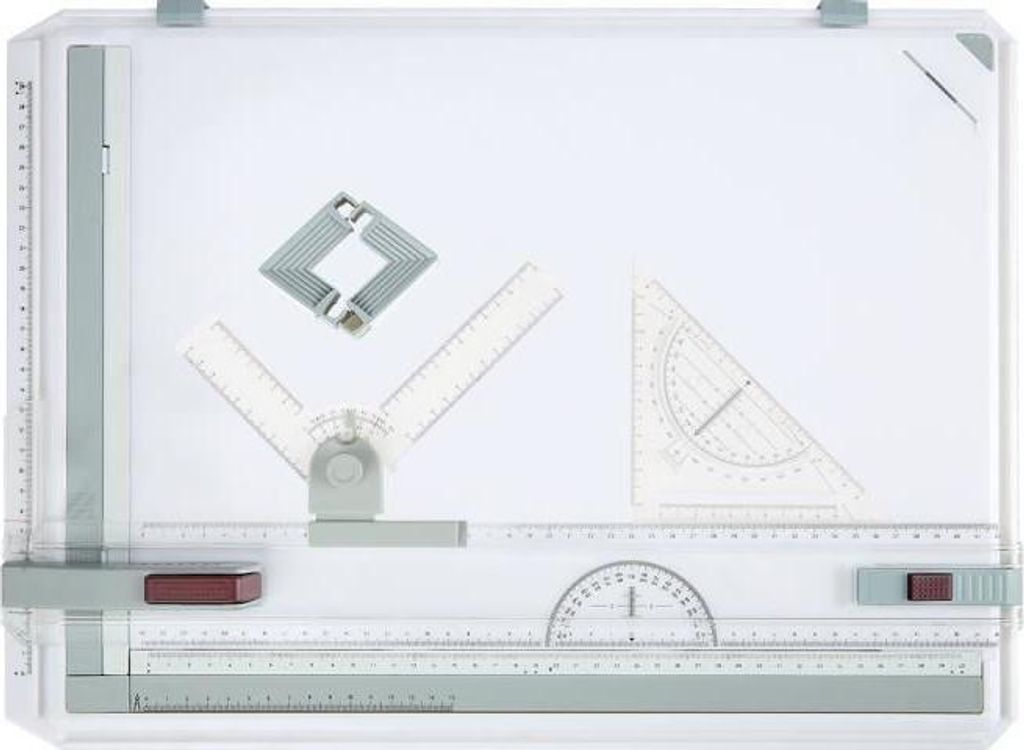 A3-Zeichenbrett – Multifunktional – Winkelmesser und Geodreieck – Kunststoff – 49 x 35,5 cm – Zubehör inklusive