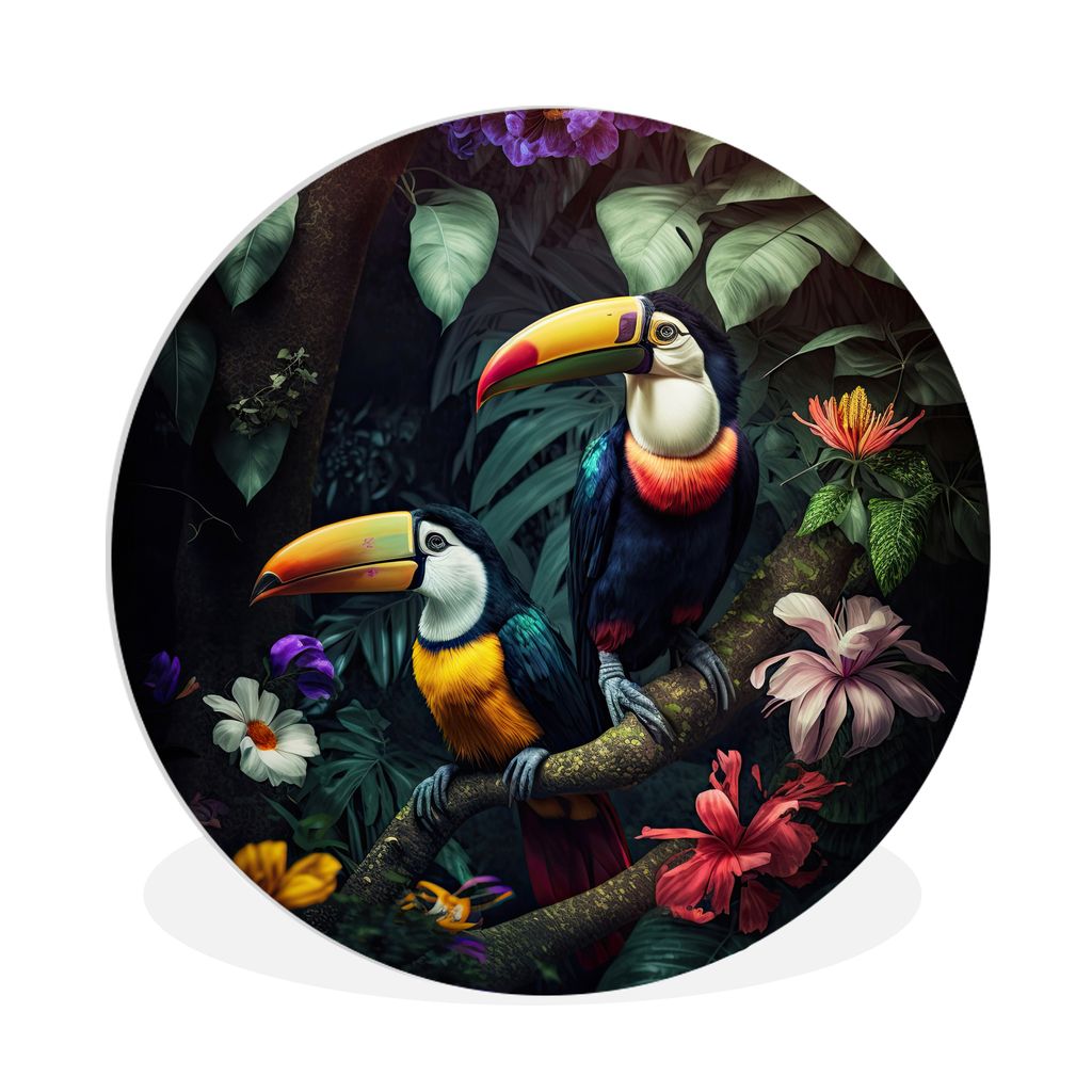 MuchoWow Rundes Wandbild - Runde Bilder Tukan - Blumen - Dschungel - Vögel Ø 90 cm Kreis Wanddekoration Kunststoff - Wandkreis - Wandschmuck - ...