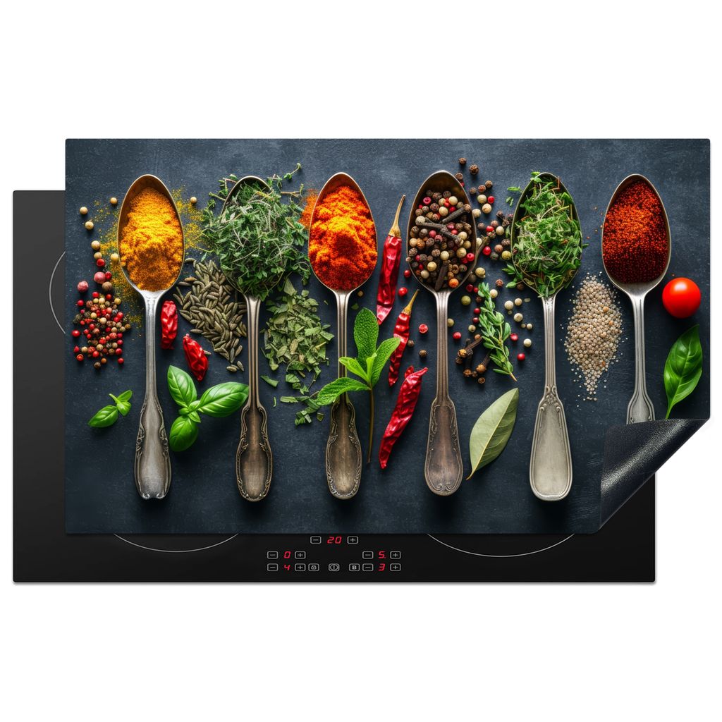 KitchenYeah Herdabdeckplatte Gewürze - Löffel - Kräuter , 83x51cm, Küche Deko, Glaskeramikkochfeld Herdabdeckung, Abdeckplatte fùr Kochfeld
