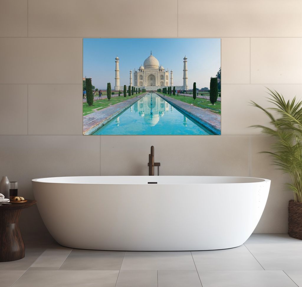 Wallario wasserfestes Poster selbstklebend 70 x 100 cm, Taj Mahal - Mausoleum in Indien, Badezimmerposter Spritzschutz mit Hochglanzoberfläche in ...