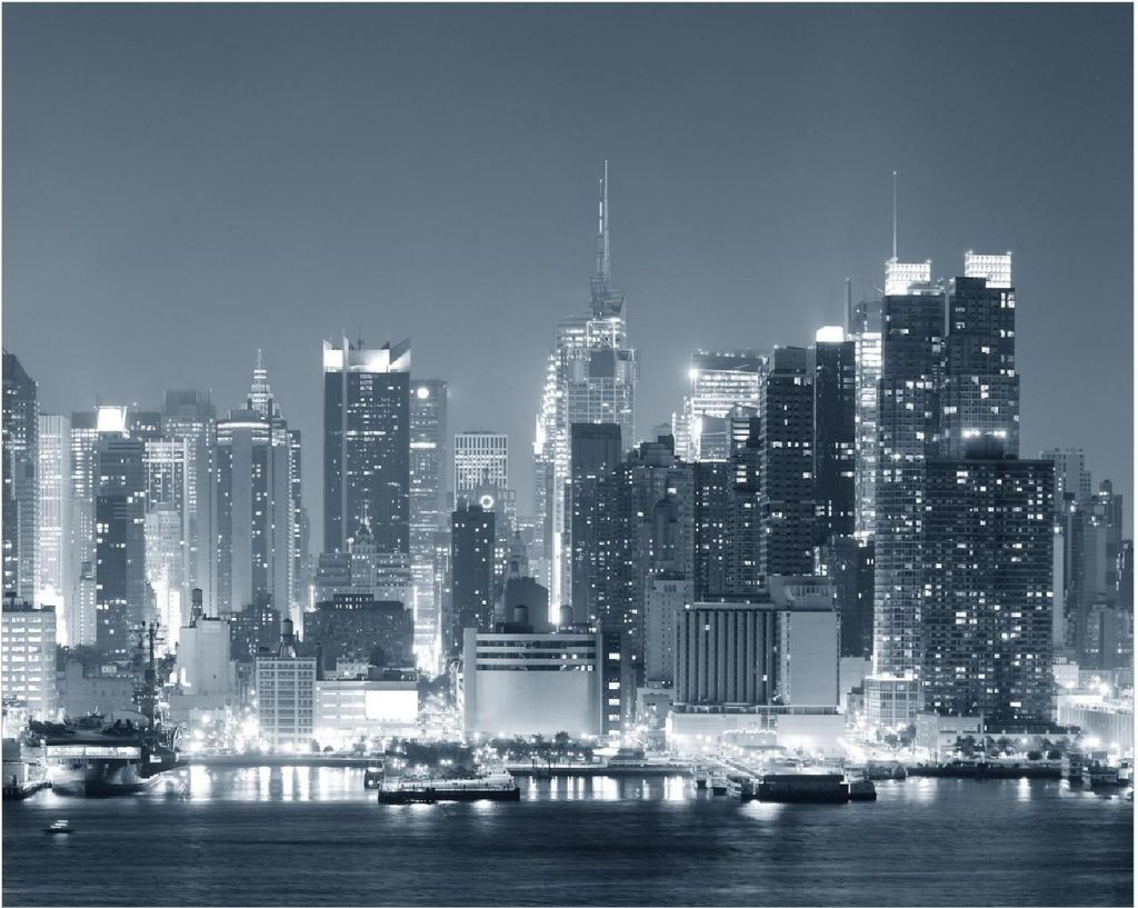 Wallario Poster - New York Skyline - Schwarz Weiß Blau, Kunstdruck Größe: 40 x 50 cm
