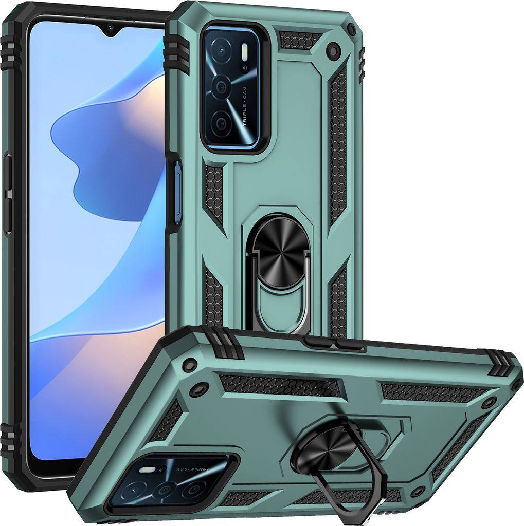 OPPO A16 Hülle, Dual Layer Militäre Fallschutz Schutzhülle mit Ringhalterung Ständer für OPPO A16 Grün