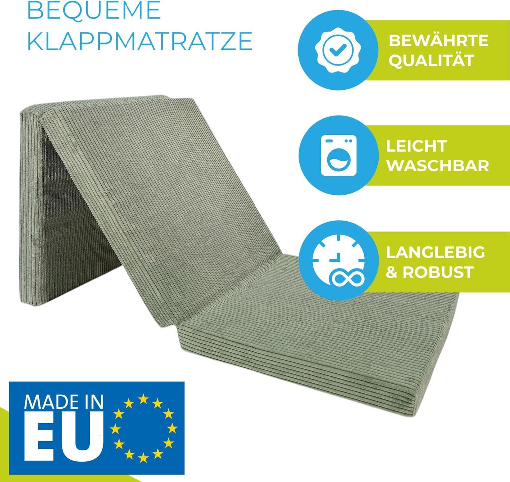 Pillows24 – Klappmatratze Cord 195x80x10 cm mit abnehmbarem Bezug & Tragegriffen | faltbare Matratze für Gäste, Kinder oder Reisen | Grün