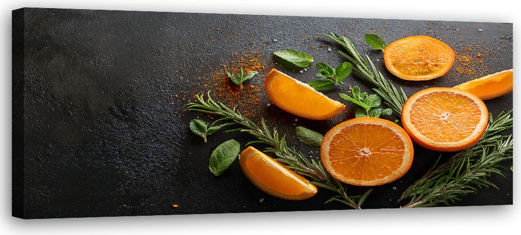 Leinwandbild Orangen Obst Gewürze Lebensmittel für die Küche 150x50 Feeby Orange bild für die wand bereit zum aufhängen