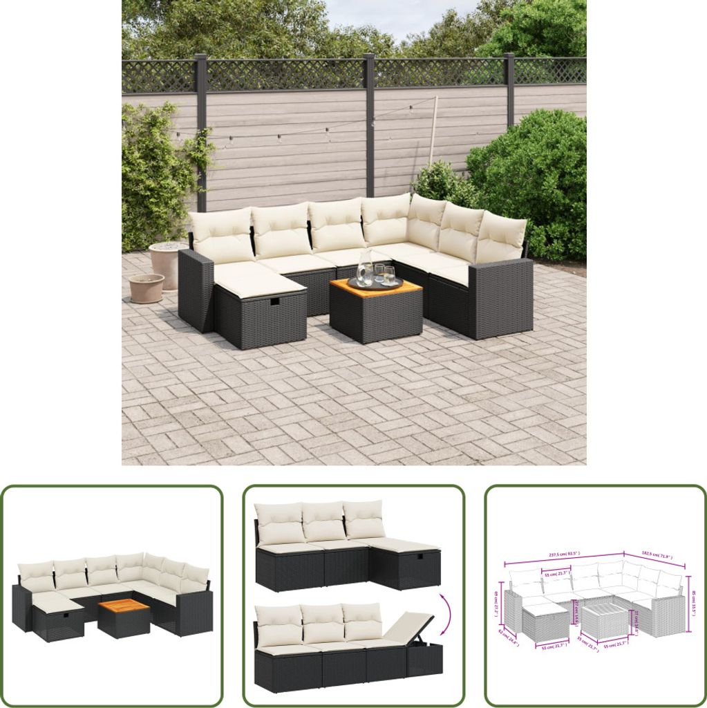 The Living Store 8-tlg. Garten-Sofagarnitur mit Kissen Schwarz Poly Rattan