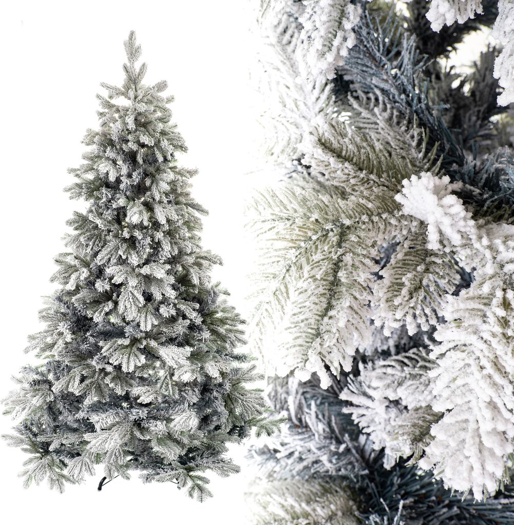 A full artificial Christmas tree covered in artificial snow, shown from the front and a close-up of its branches.