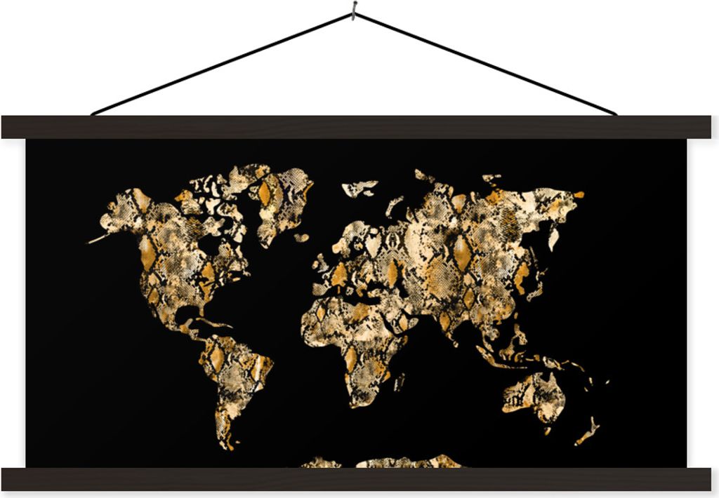 MuchoWow Textilposter Weltkarte - Schlangendruck - Luxus 120x60 cm mit schwarzem Rahmen - Dekoration Schlafzimmer